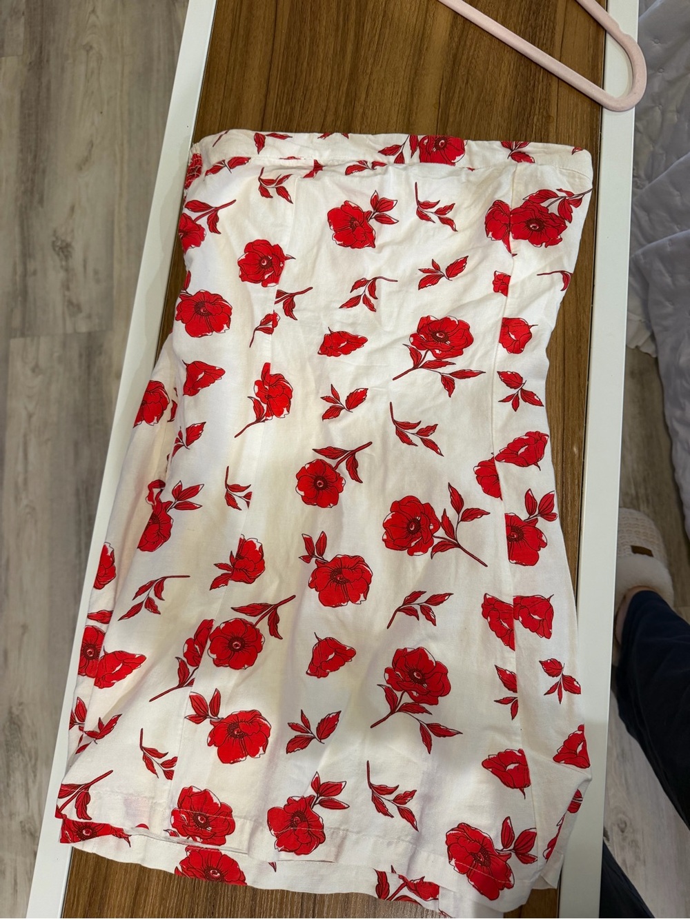 White strapless dress with Red Floral Print
